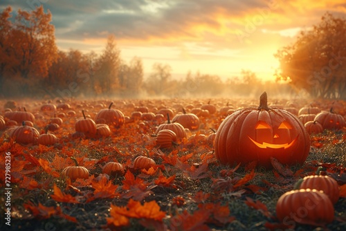 A vibrant orange pumpkin stands tall in a vast field of cucurbitas, under the watchful sky, ready to be carved into a jack-o-lantern for a festive halloween trick-or-treat celebration photo