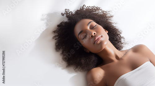 Close up of a beautiful black woman face lying on a white background with her eyes closed and shadows