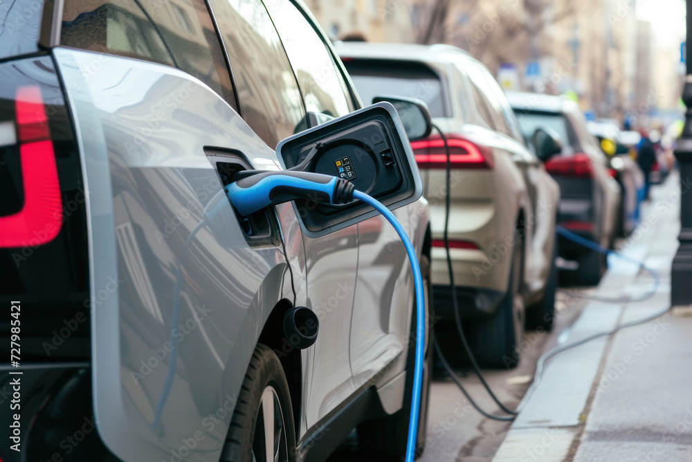 Charging modern electric car on the street station Charging modern electric car on the street station