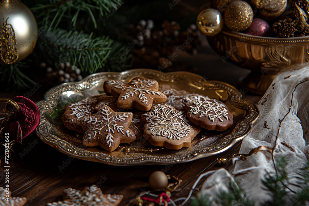Artisanal Gingerbread Snowflake Cookies on Festive Golden Plate Artisanal Gingerbread Snowflake Cookies on Festive Golden Plate