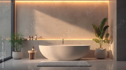 Contemporary bathroom featuring a standalone bathtub with a serene and minimalist design