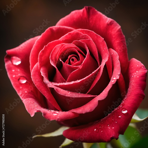 A red rose on a dark brown background  top view.