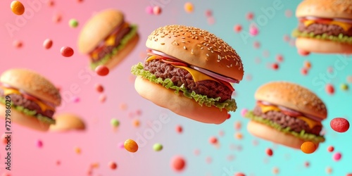 Cute 3D Render of a Flying Burger Crafted from Clay Soaring Over a Flat, Clean, and Colorful Background in a Playful Commercial Style