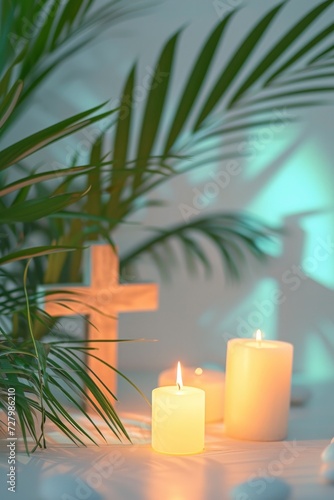 Palm Leaves, Candles, and a Holy Wooden Cross, Gracefully Set Against a Heavenly Background for a Tranquil Composition