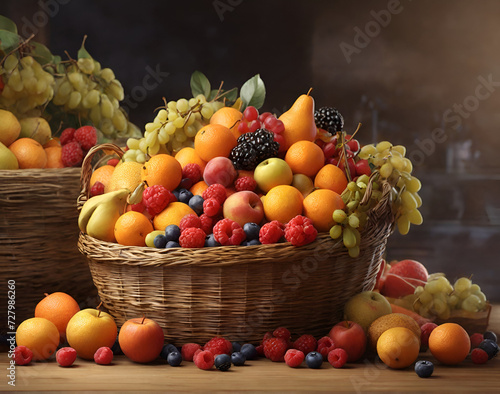 An Illustrative Delight of Fruits Adorning a Charming Basket. A Captivating Illustration Showcasing a Variety of Fresh Fruits in a Basket. An Illustrative Delight of Fruits Adorning a Charming Basket