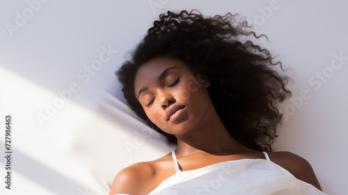 Close up of a beautiful black woman side of face lying on a white background with her eyes closed photo