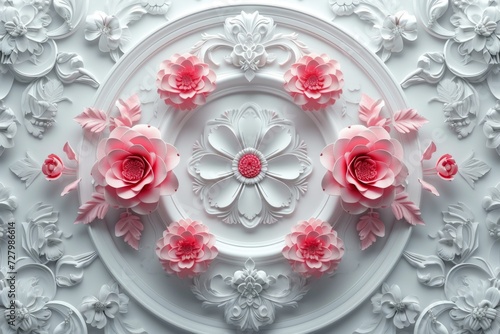 
A 3D wallpaper featuring a stretch ceiling decoration model with a mandala and decorative frame of flower roses in the background.
