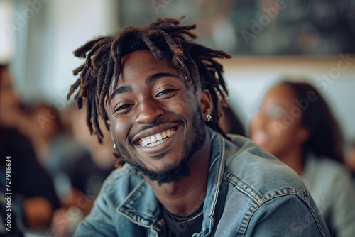 A joyful man with a beaming smile and stylish dreadlocks stands indoors, exuding warmth and approachability as he looks directly into the camera