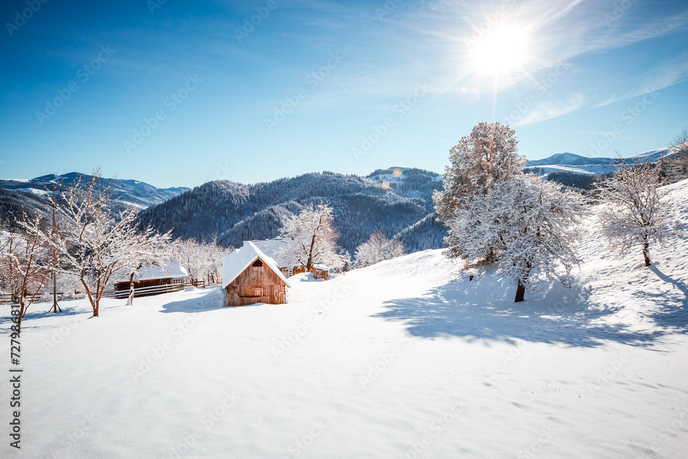 Idyllic view of the mountainous area on a frosty and sunny day. Carpathian mountains, Ukraine, Europe. Idyllic view of the mountainous area on a frosty and sunny day. Carpathian mountains, Ukraine, Europe.