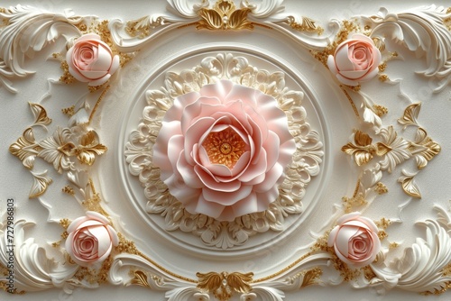 
A 3D wallpaper featuring a stretch ceiling decoration model with a mandala and decorative frame of flower roses in the background.