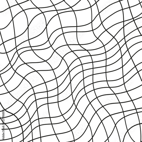 Illustration of a black fishing or football net.Checkered wavy background in doodle style.