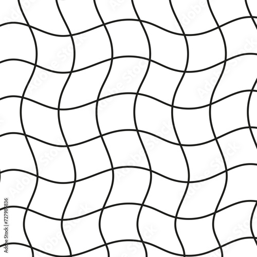 Illustration of a black fishing or football net.Checkered wavy background in doodle style.