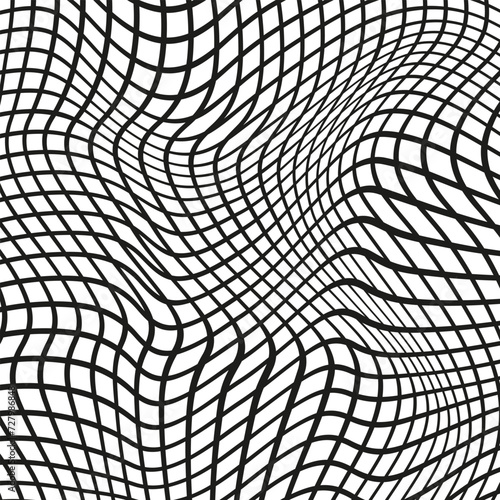 Illustration of a black fishing or football net.Checkered wavy background in doodle style.