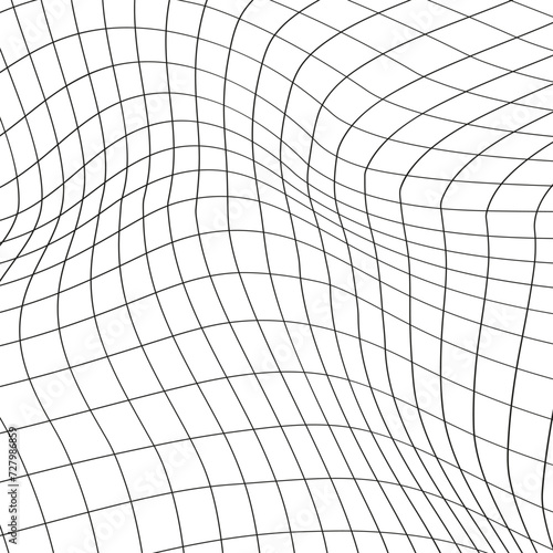 Illustration of a black fishing or football net.Checkered wavy background in doodle style.