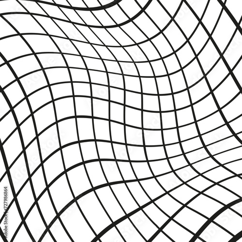 Illustration of a black fishing or football net.Checkered wavy background in doodle style.