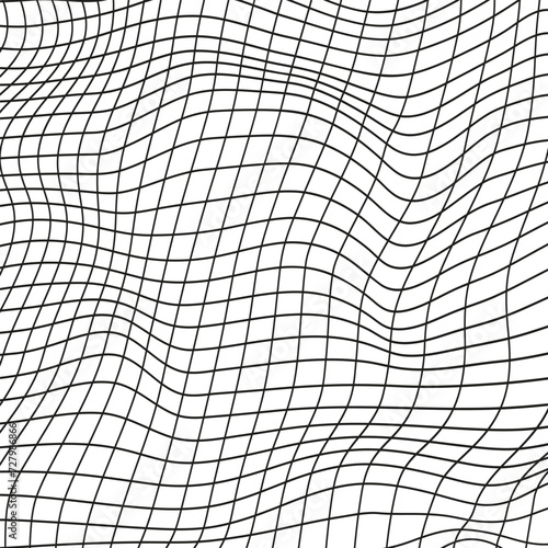 Illustration of a black fishing or football net.Checkered wavy background in doodle style.