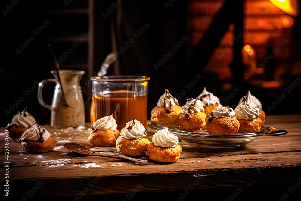 Delight in the airy elegance of Profiteroles showcased on a rustic wooden table. Perfect for culinary projects and dessert themed designs. Delight in the airy elegance of Profiteroles showcased on a rustic wooden table. Perfect for culinary projects and dessert themed designs.