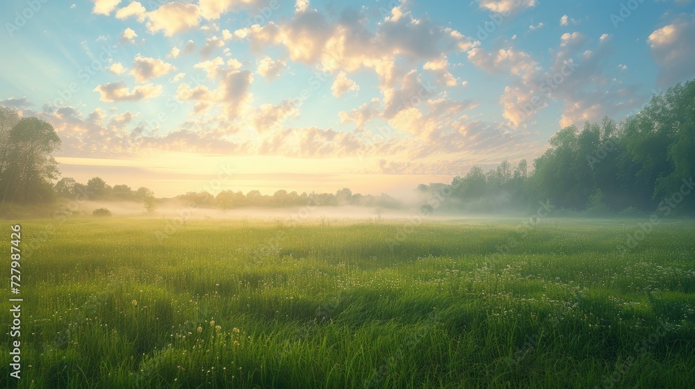 A beautiful summer landscape with cut grass, bathed in morning light and light fog. Ideal for banners capturing the serene essence of a fresh and tranquil morning.