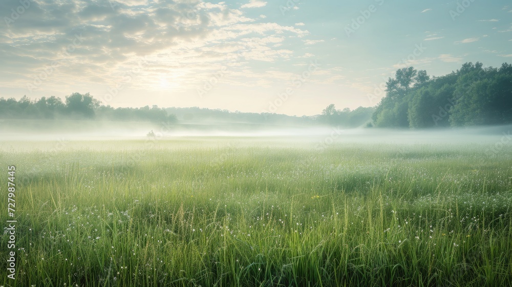 A beautiful summer landscape with cut grass, bathed in morning light and light fog. Ideal for banners capturing the serene essence of a fresh and tranquil morning. A beautiful summer landscape with cut grass, bathed in morning light and light fog. Ideal for banners capturing the serene essence of a fresh and tranquil morning.