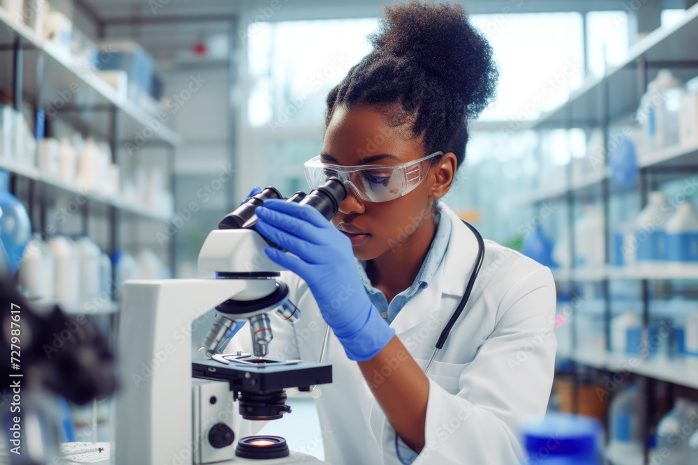 Medical Science Laboratory, portrait of beautiful black scientist looking under microscope