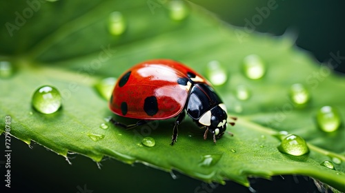 A close-up of a ladybug perched on a green leaf, with soft focus creating a beautiful nature background. Perfect for showcasing the delicate details of the small world."