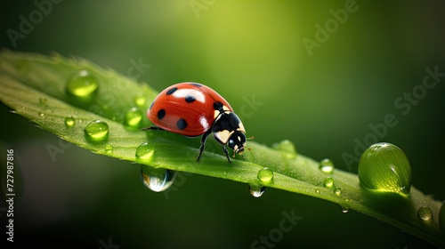 A close-up of a ladybug perched on a green leaf, with soft focus creating a beautiful nature background. Perfect for showcasing the delicate details of the small world."