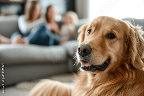 image of a dog in the foreground  behind him his human family sitting on the sofa 