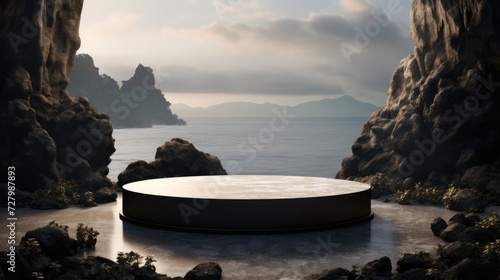 An empty showcase on a mock-up pedestal with a sea view and black sand. The natural volcanic rock stone podium offers a minimalist and creative backdrop for product presentation