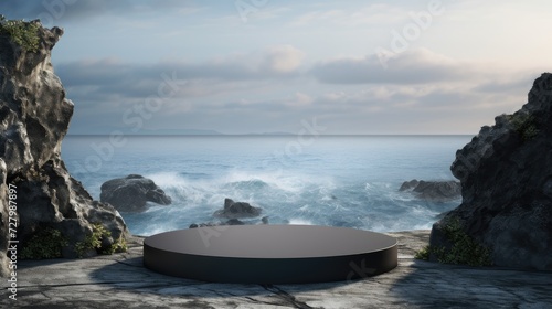 An empty showcase on a mock-up pedestal with a sea view and black sand. The natural volcanic rock stone podium offers a minimalist and creative backdrop for product presentation © Vasyl