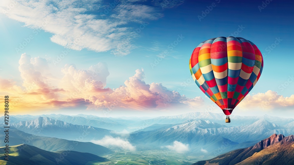 Single hot air balloon gracefully flies across the vast blue sky. Perfect banner image with copy space, capturing the essence of leisure, freedom, and aerial exploration
