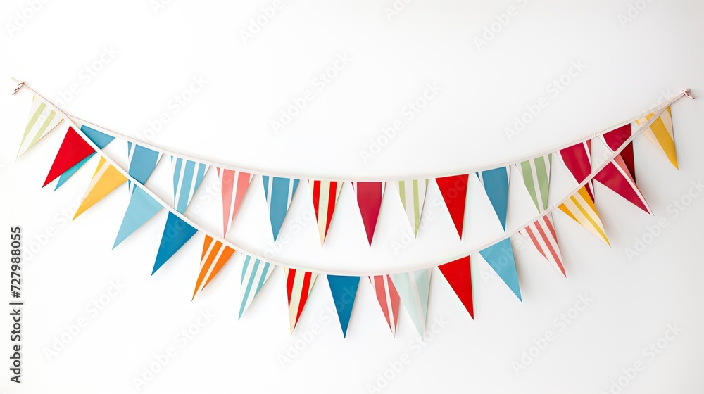 Obraz premium A carnival garland with flags isolated on a white background, perfect for birthdays and festivals. Vibrant and festive, setting the mood for fun!
