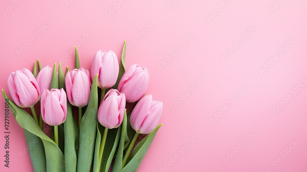 Pink tulips on a pink background, flat lay with a festive touch. Top view for a Happy Easter card, capturing the essence of floral delight Pink tulips on a pink background, flat lay with a festive touch. Top view for a Happy Easter card, capturing the essence of floral delight