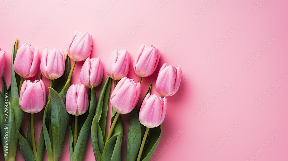 Pink tulips on a pink background, flat lay with a festive touch. Top view for a Happy Easter card, capturing the essence of floral delight Pink tulips on a pink background, flat lay with a festive touch. Top view for a Happy Easter card, capturing the essence of floral delight