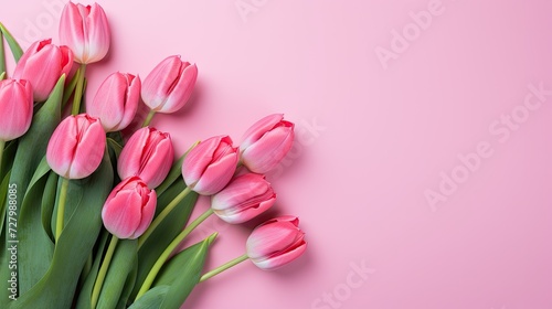 Pink tulips on a pink background, flat lay with a festive touch. Top view for a Happy Easter card, capturing the essence of floral delight