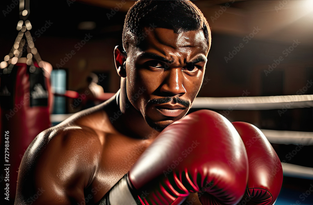 African-American male boxer with gloves, focused and intense gaze, determination evident, in a dimly lit gym, ready to fight, showcasing strength and resilience, training moment captured