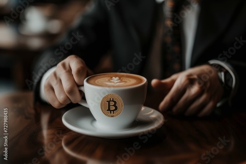 Businessman Savoring a Cup with a Bitcoin Logo – Brewing Success in the World of Digital Currency Coffee Break with Crypto