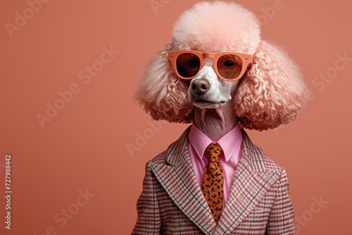 Pink Poodle Strutting the Canine Catwalk, Suited Up with Tie and Sunglasses, a Fashion-Forward Furry Friend Paws and Style © Asiri