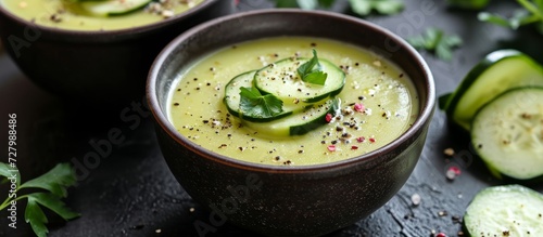 Delicious Vegetarian Cucumber Soup Served in a Dark Bowl: A Refreshing Vegetarian Cucumber Soup in a Dark Bowl for a Satisfying and Nourishing Meal