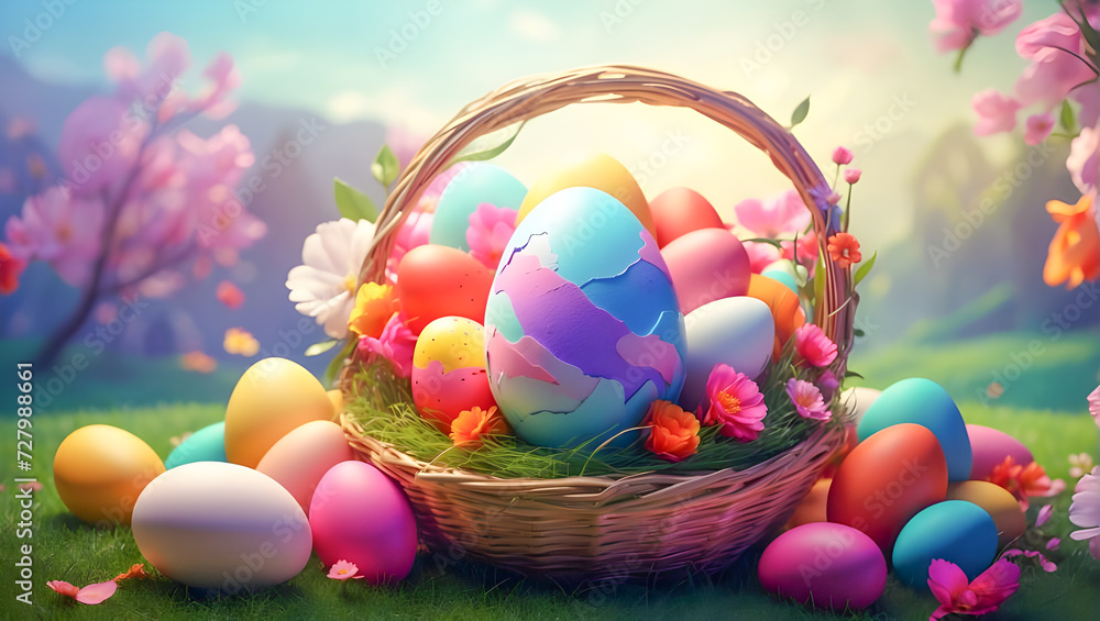 Many colorful painted easter eggs and flowers in wicker basket on grass. Happy Easter and springtime concept for card design