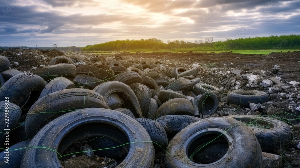 The disposal site for recycling tires that have reached the end of their lifespan is a landfill, where worn-out car tires are stacked on the ground. The disposal site for recycling tires that have reached the end of their lifespan is a landfill, where worn-out car tires are stacked on the ground.