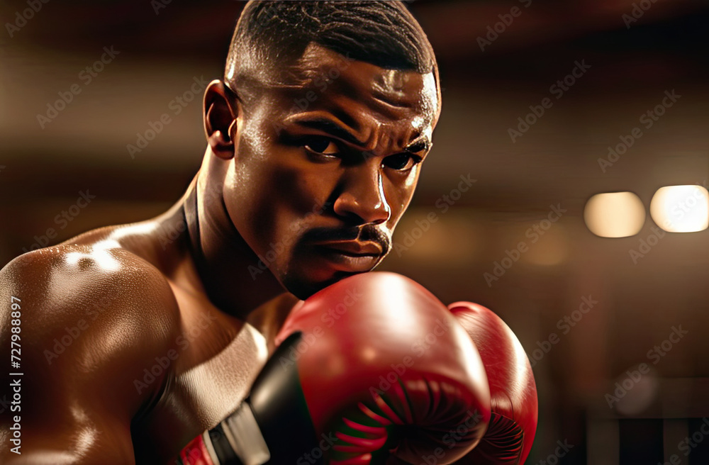 African-American male boxer with gloves, focused and intense gaze, determination evident, in a dimly lit gym, ready to fight, showcasing strength and resilience, training moment captured African-American male boxer with gloves, focused and intense gaze, determination evident, in a dimly lit gym, ready to fight, showcasing strength and resilience, training moment captured