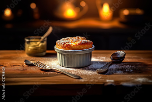 Savor the sophistication of French baked cheese souffle in a ramekin on a wooden table. Ample copy space for culinary projects and gourmet designs. photo