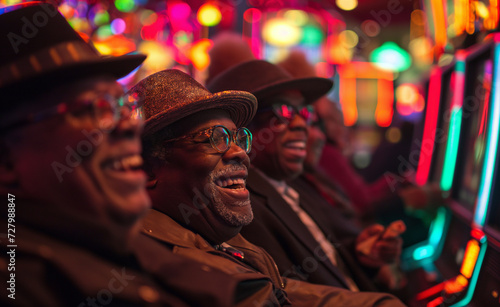 Joyful Gamblers Amidst the Glowing Machines. Slot Machine Frenzy. Excited Players. © Curioso.Photography