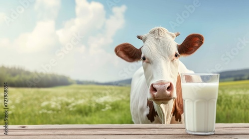 table with glass of milk on pasture background with cow, Cows grazing in meadow and mountain farm landscape, Healthy food concept, Copy space
