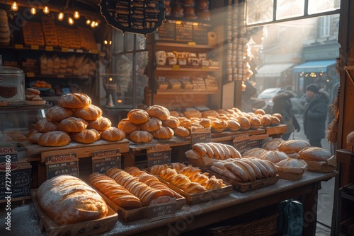 A bustling bakery market showcasing an array of mouthwatering pastries and freshly baked breads, inviting customers to indulge in the tempting display of fast food treats