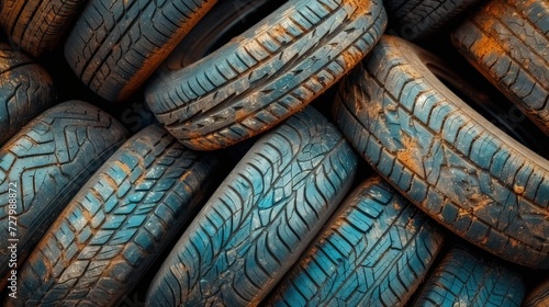 The disposal site for recycling tires that have reached the end of their lifespan is a landfill, where worn-out car tires are stacked on the ground.  photo
