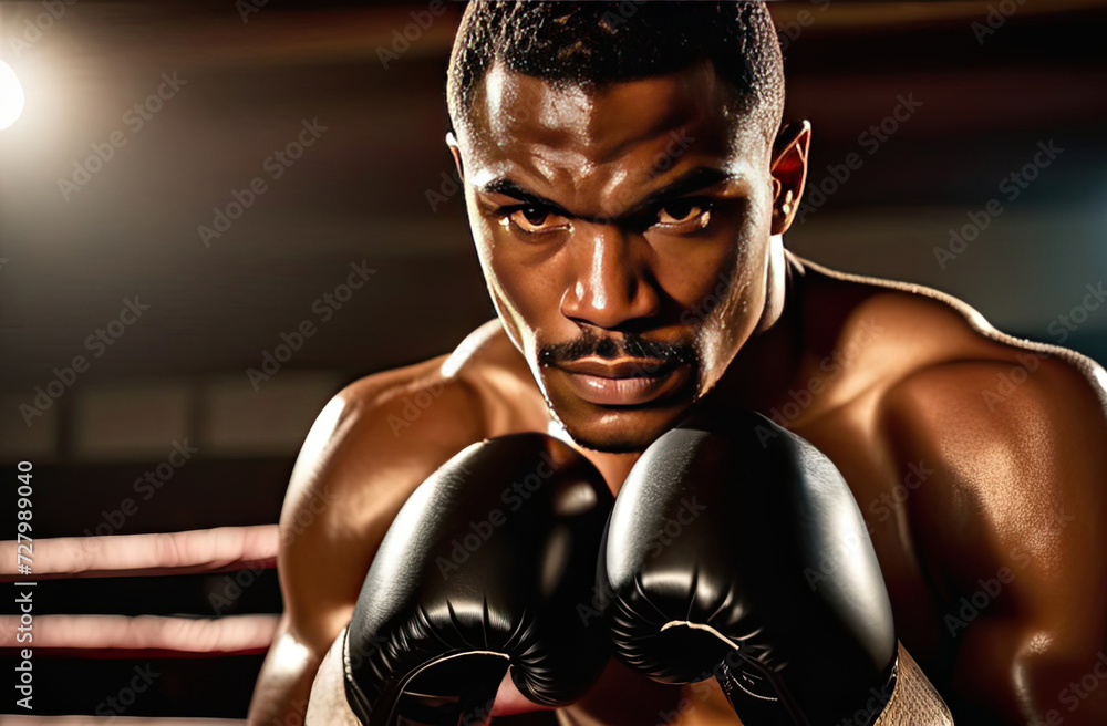 African-American male boxer with gloves, focused and intense gaze, determination evident, in a dimly lit gym, ready to fight, showcasing strength and resilience, training moment captured