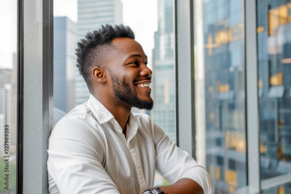 smiling African American business man looking out, while working in office, smiling African American business man looking out, while working in office,
