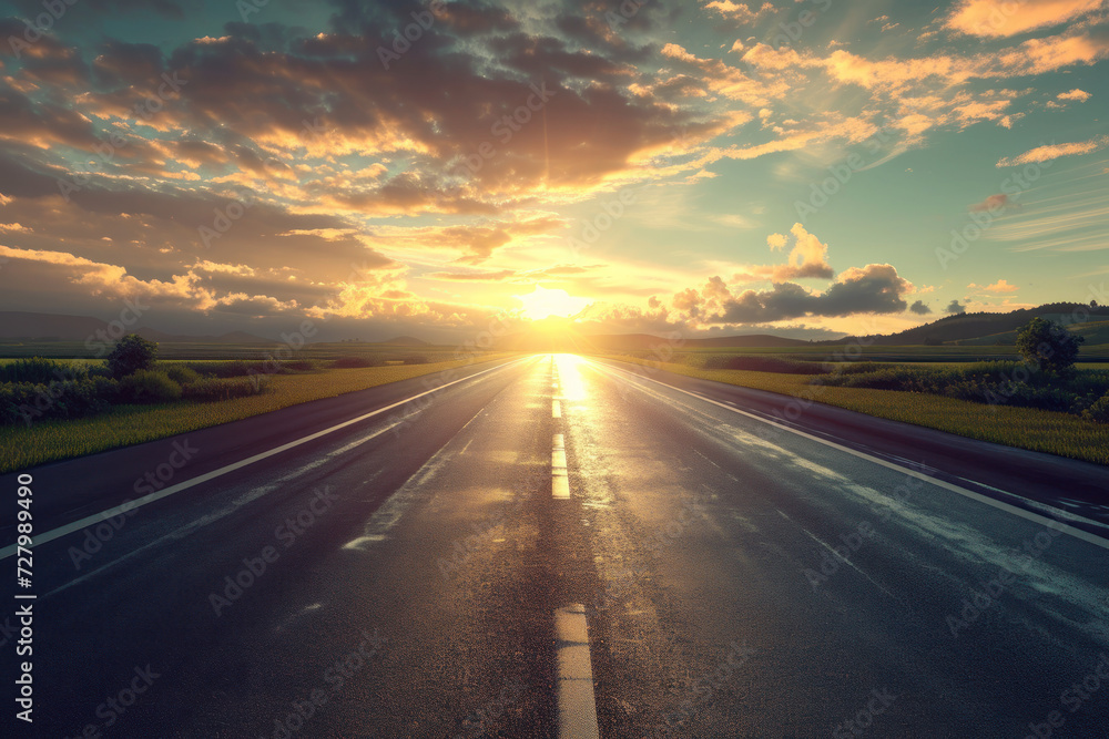 Straight asphalt road with sky clouds background at sunset.