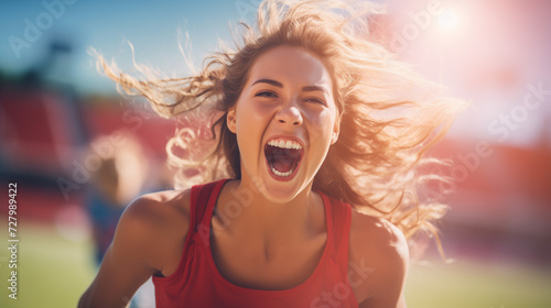 Athlete woman celebrating a victory screaming with happiness. Football stadium or athletics track in the background at sunset.